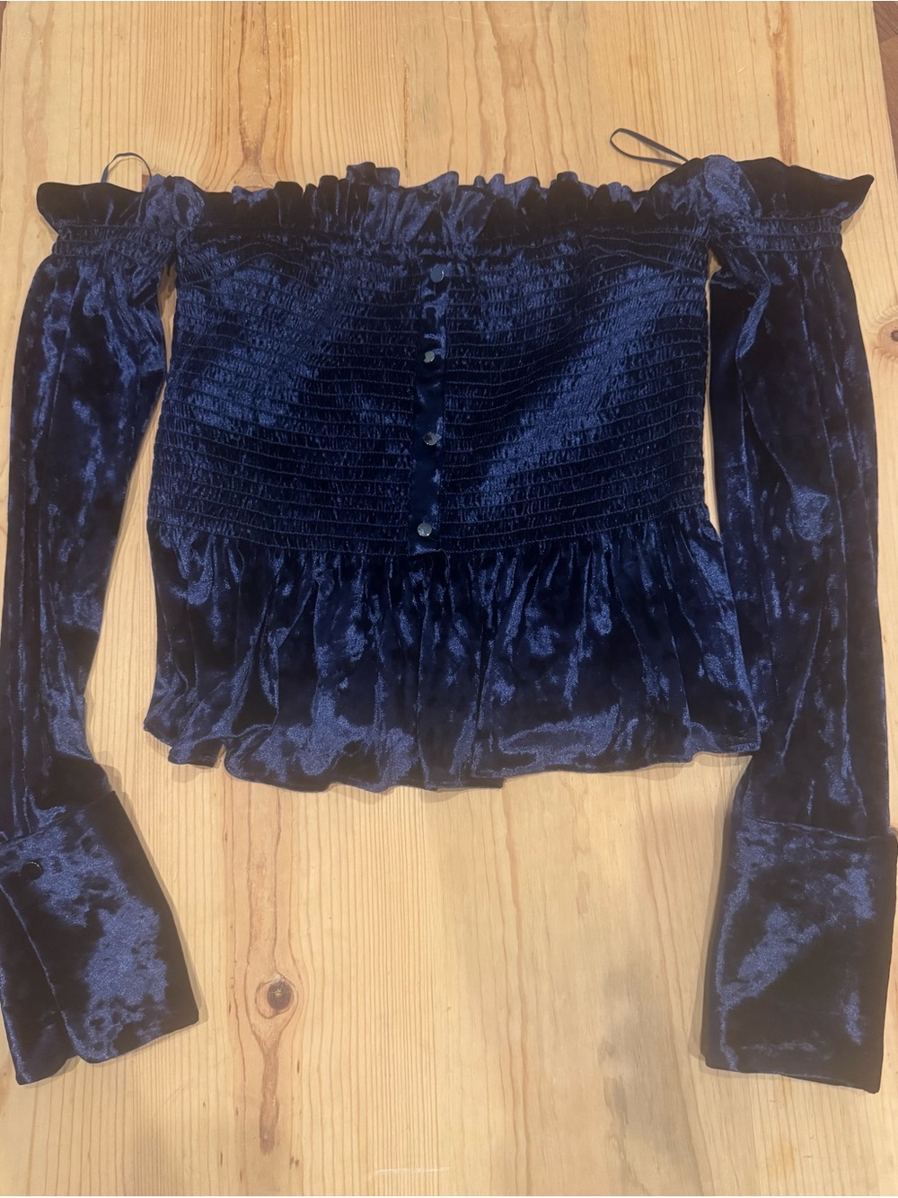 PETERSYN Velvet Smocked Off Shoulder Women's Navy Velvet Blouse